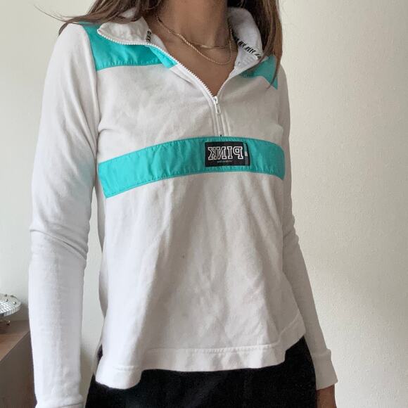 PINK Quarter Zip Pullover Sweatshirt Athletic Long Sleeve Top White Teal xS - Picture 2 of 10